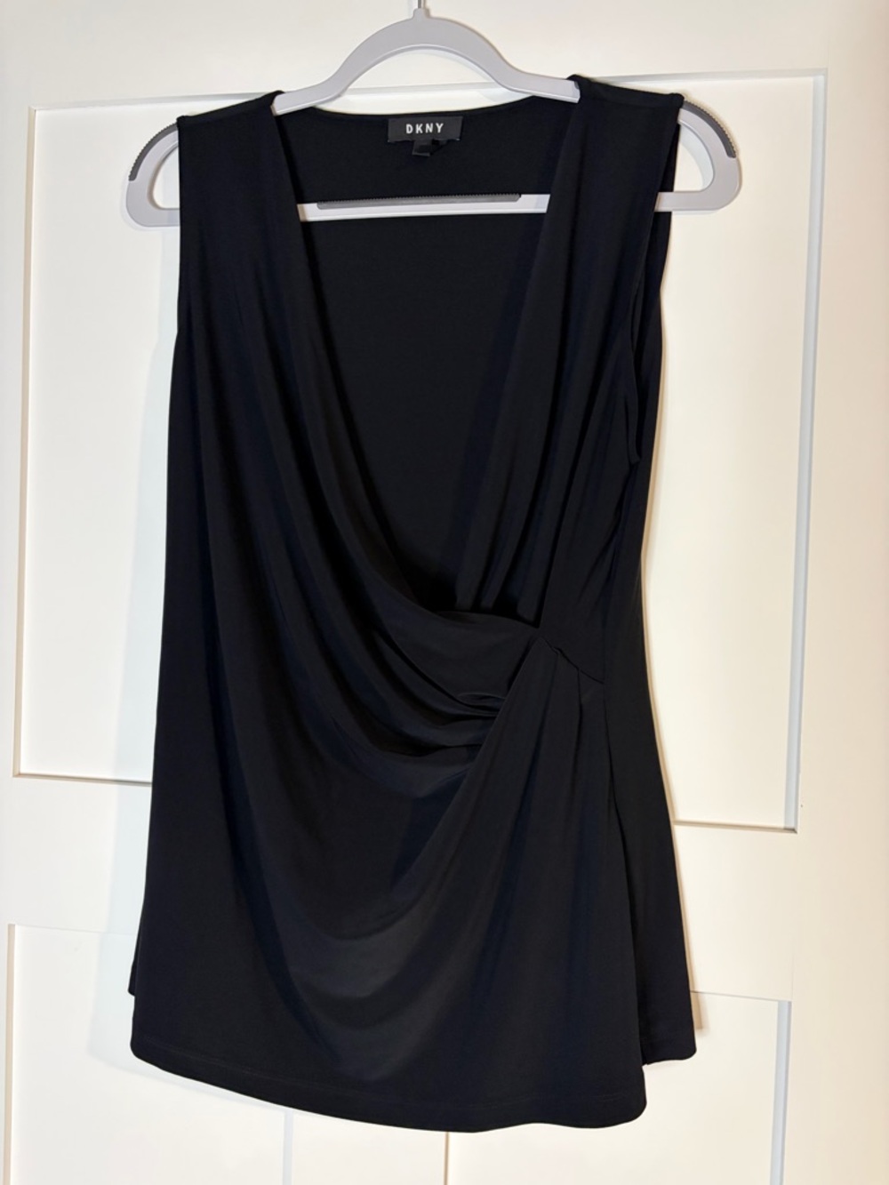 DKNY Womens Black Sleeveless Draped V-Neck Wrap Front Blouse Top Large L